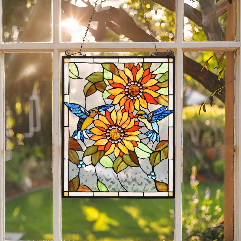 Capulina Sunflower and Birds Stained Glass Panels Window Hangings Tiffany Style Glass Traditional Art Handicrafts for Home Window Decor Gifts - Image 3